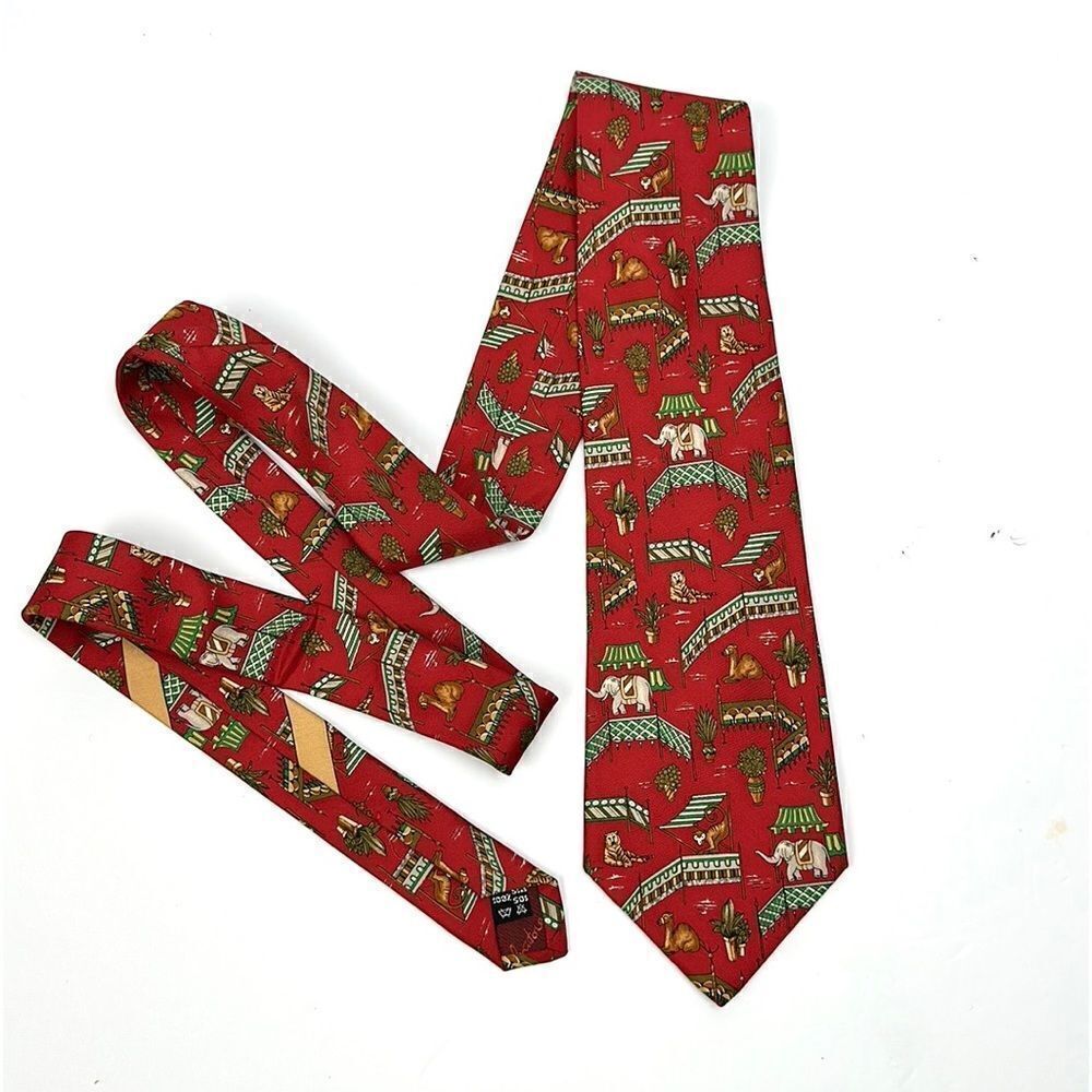 Salvatore Ferragamo Silk Neck Tie Animal
Elephant Monkey Camel Tiger Red